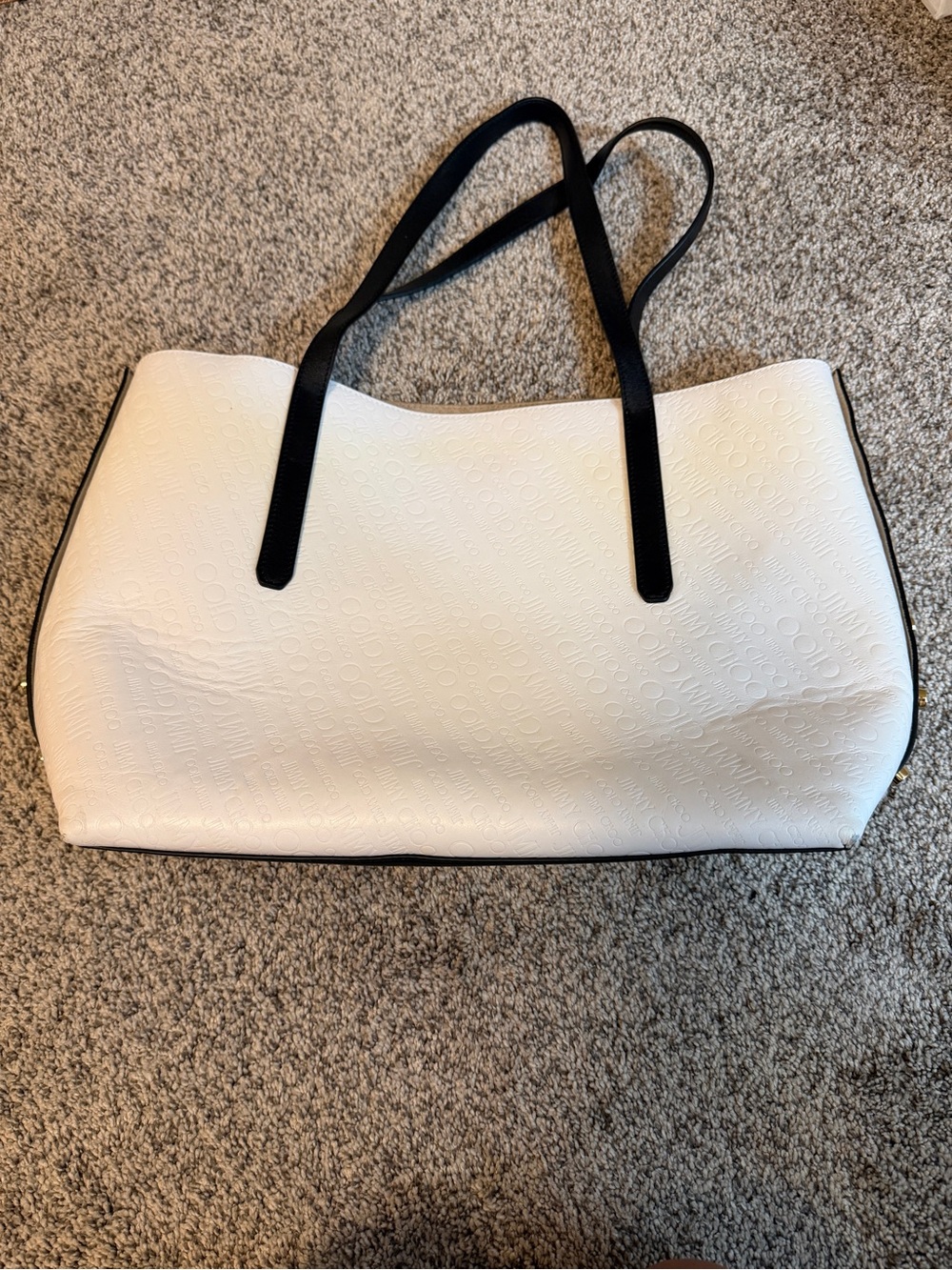 White / Black Jimmy Choo Tote Bag with Black Straps - Classic Everyday Tote